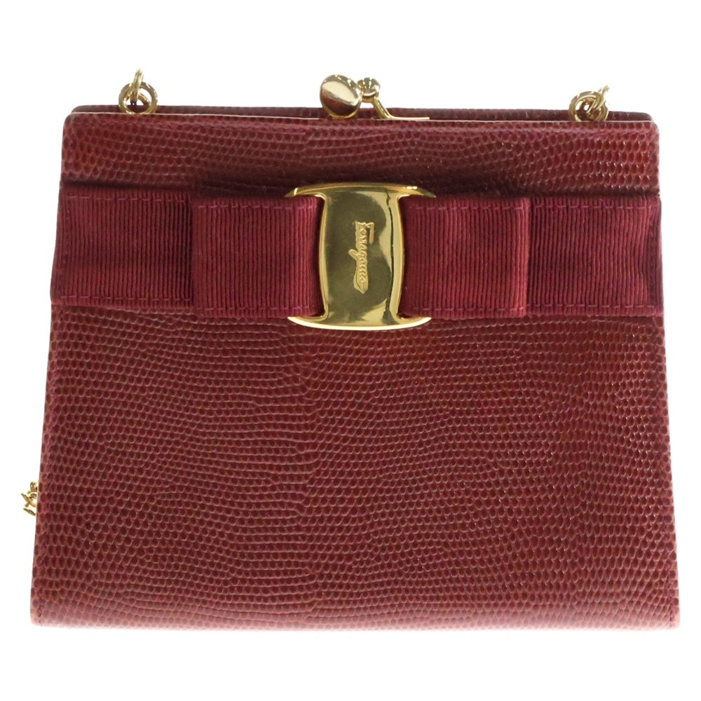 FERRAGAMO(フェラガモ) ヴァラ リボン 型押し チェーン ショルダーバッグ レッド レザー