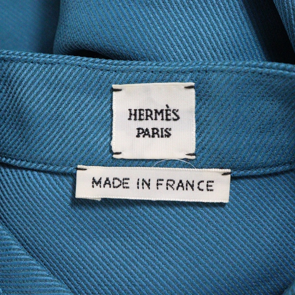 HERMES(エルメス) ストラップデザイン スタンドカラー ハーフスリーブ 五分袖 ビスコース シルク ワンピース ドレス ターコイズ/ブルー レディース