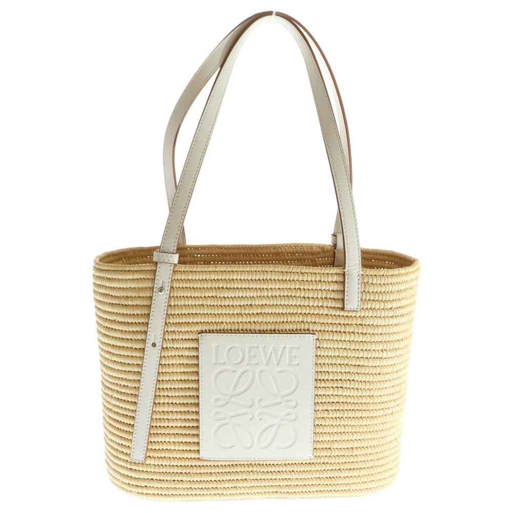 LOEWE(ロエベ) スクエア かごバッグ バスケット スモール ベージュ×ホワイト ラフィア×レザー ハンドバッグ アナグラムロゴ