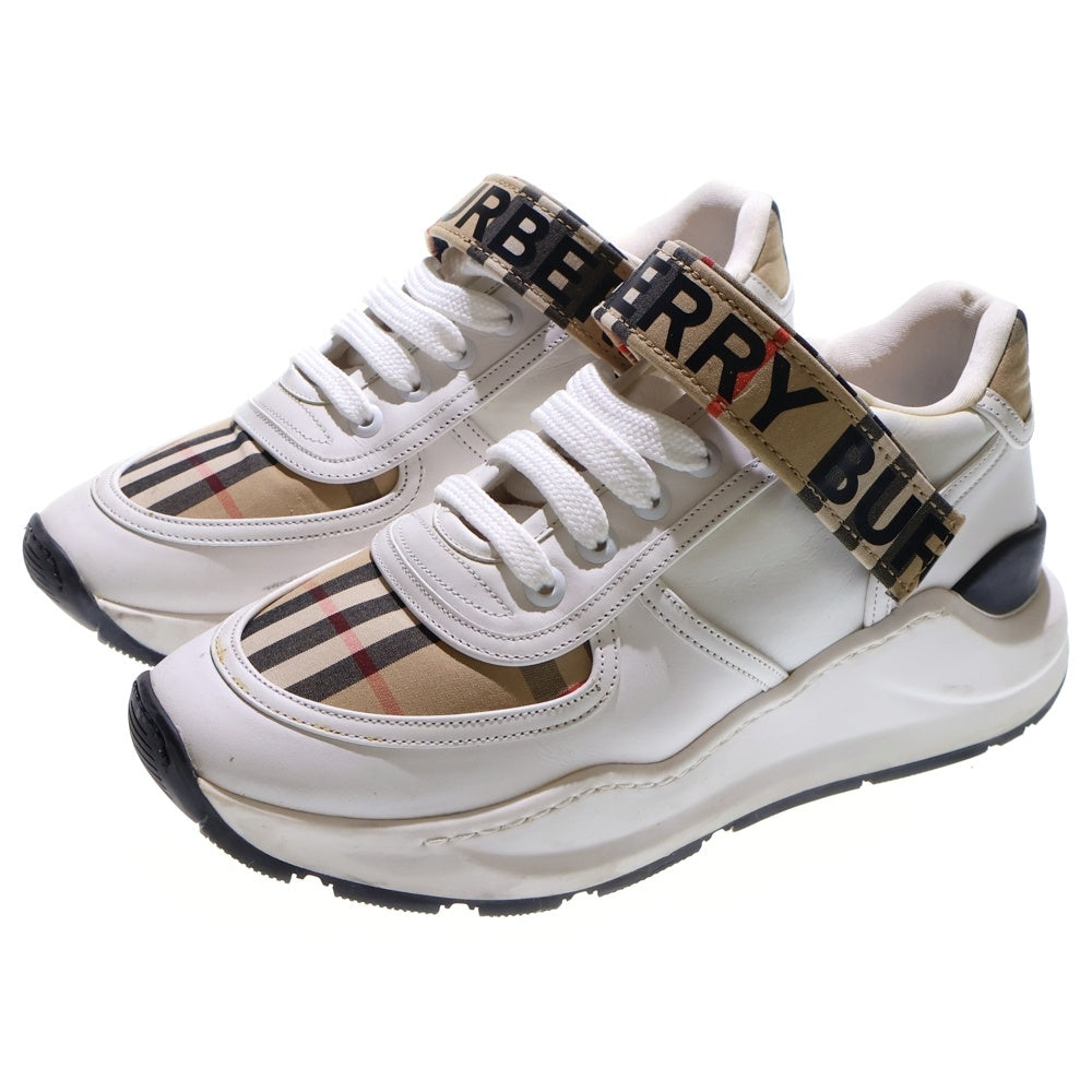 BURBERRY(バーバリー) ロゴプリント ノバチェック柄切り替え レザー ナイロン レースアップ ローカットシューズ スニーカー ホワイト/ベージュ レディース