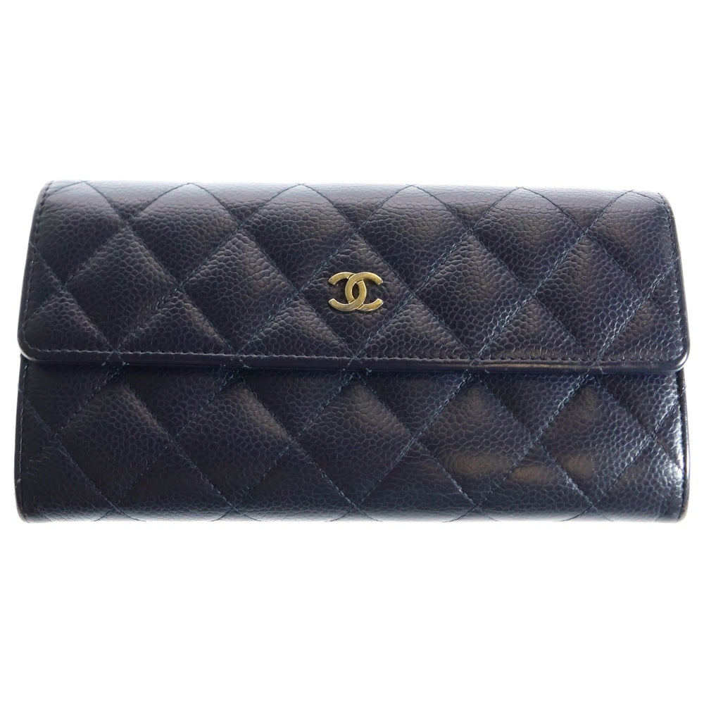 CHANEL(シャネル) マトラッセ 2つ折り長財布 ロングウォレット カードケース ゴールド金具 ネイビー キャビア A50096