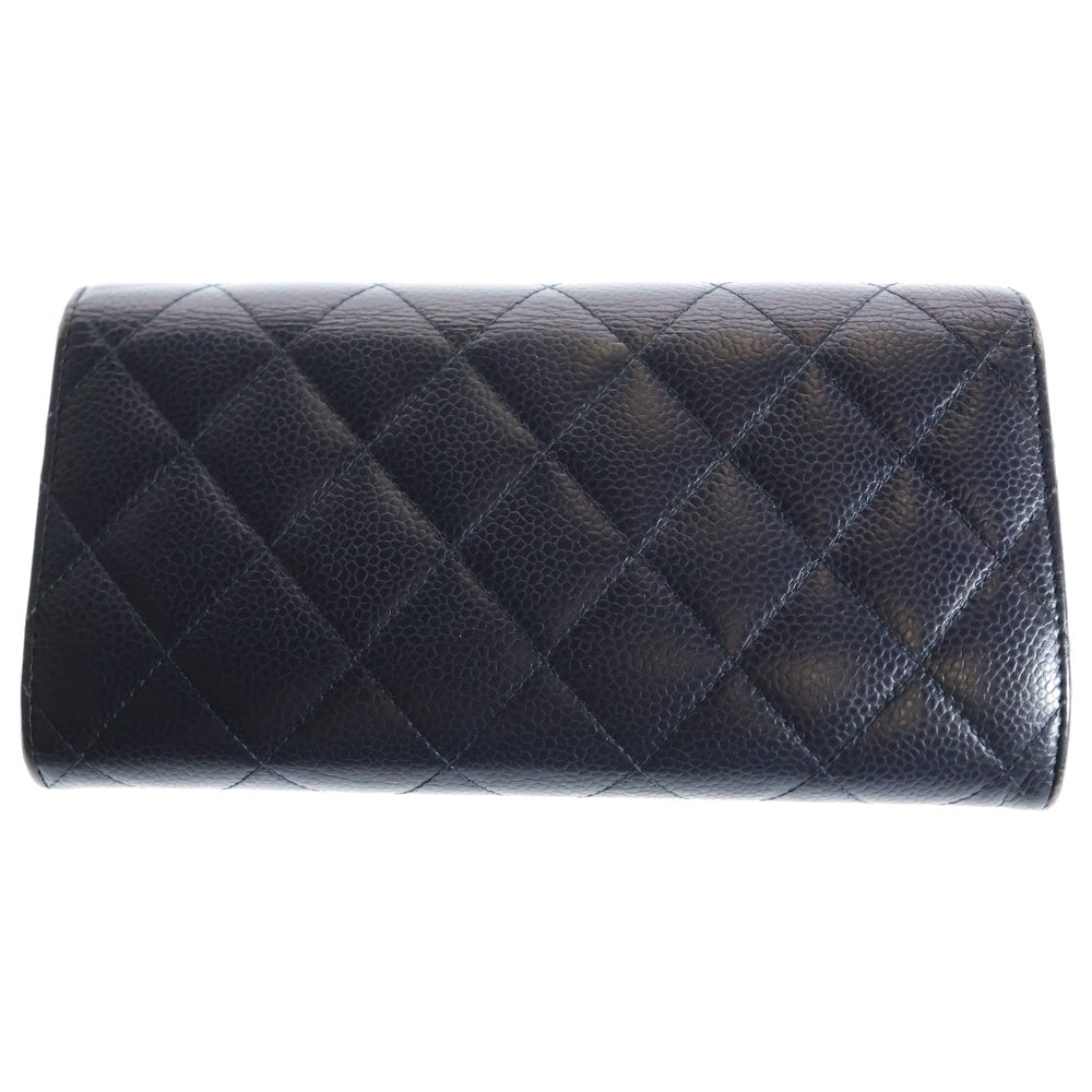 CHANEL(シャネル) マトラッセ 2つ折り長財布 ロングウォレット カードケース ゴールド金具 ネイビー キャビア A50096