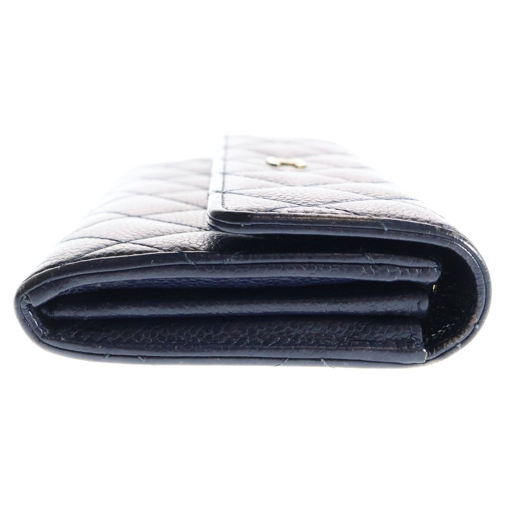 CHANEL(シャネル) マトラッセ 2つ折り長財布 ロングウォレット カードケース ゴールド金具 ネイビー キャビア A50096