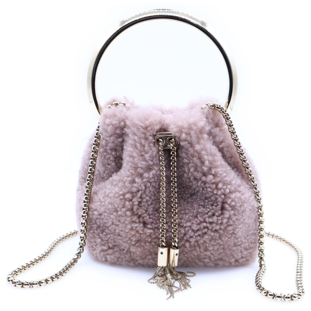 JIMMY CHOO(ジミーチュウ) ボンボン バケット ファー タッセル 2WAY ハンド チェーン ショルダーバッグ ゴールド金具 ピンク/ベージュ
