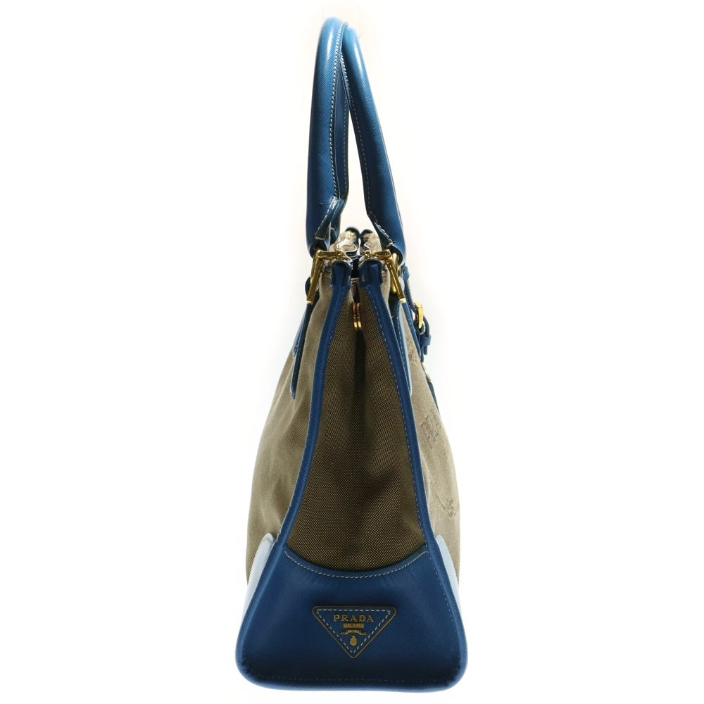 PRADA(プラダ) ロゴジャガード トートバッグ ハンドバッグ ブラウン×ブルー ゴールド金具 レザー×キャンバス