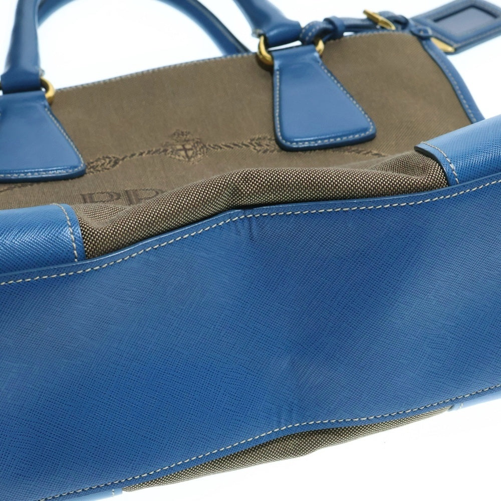 PRADA(プラダ) ロゴジャガード トートバッグ ハンドバッグ ブラウン×ブルー ゴールド金具 レザー×キャンバス