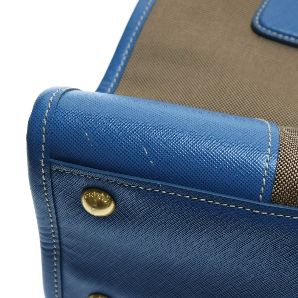 PRADA(プラダ) ロゴジャガード トートバッグ ハンドバッグ ブラウン×ブルー ゴールド金具 レザー×キャンバス