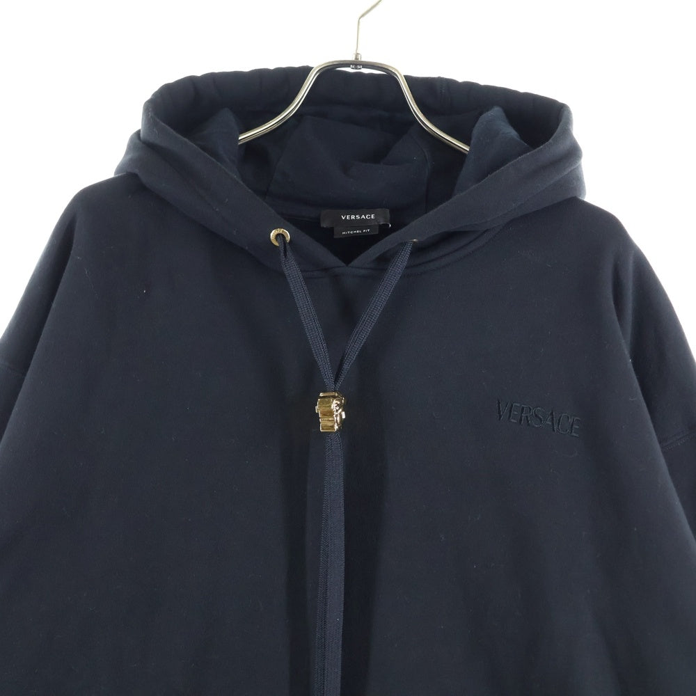 VERSACE(ヴェルサーチ) 24SS ラ メドゥーサ ドローコードチャーム ロゴ刺繍 プルオーバースウェットパーカー フーディー ブラック 1008661