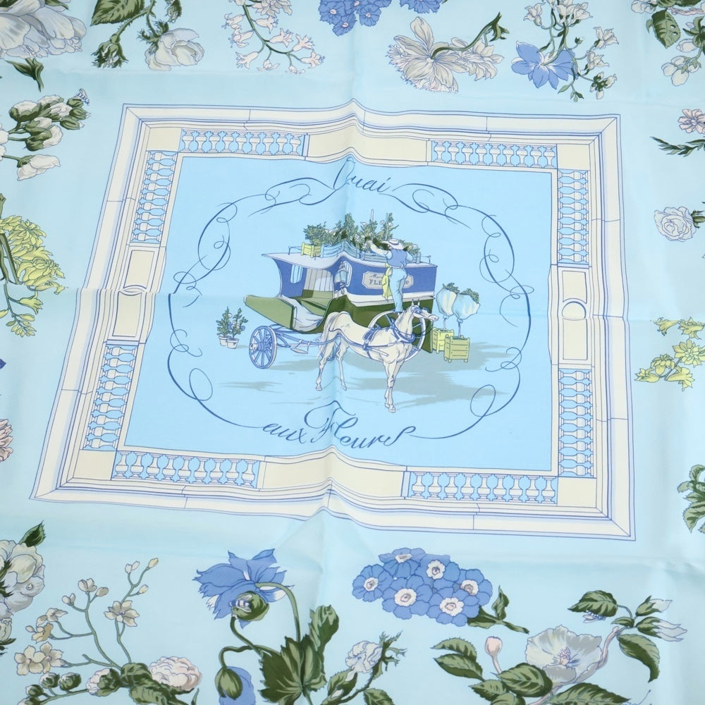 HERMES(エルメス) カレ 90 Queu eux Fleur シルクスカーフ ライトブルー