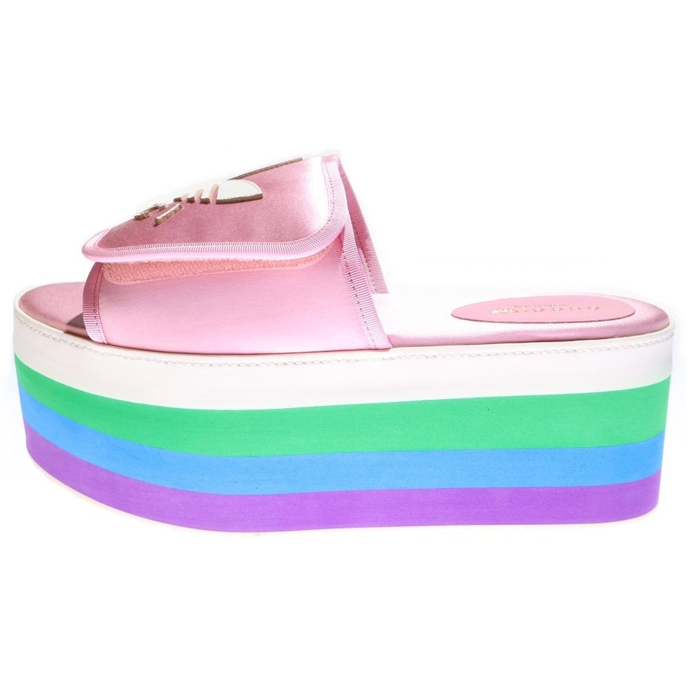 GUCCI(グッチ) ×adidas アディダス トレフォイルロゴ レザーワッペン シルクサテン マルチカラー プラットフォーム 厚底 サンダル シューズ ピンク レディース 702294