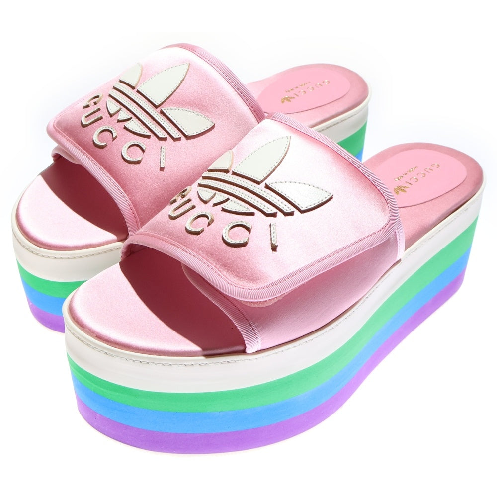 GUCCI(グッチ) ×adidas アディダス トレフォイルロゴ レザーワッペン シルクサテン マルチカラー プラットフォーム 厚底 サンダル シューズ ピンク レディース 702294