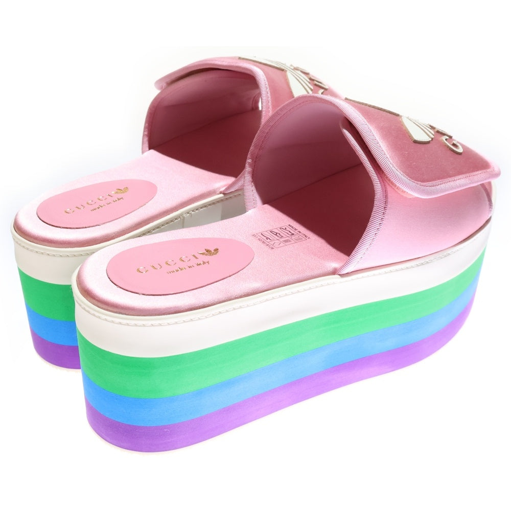 GUCCI(グッチ) ×adidas アディダス トレフォイルロゴ レザーワッペン シルクサテン マルチカラー プラットフォーム 厚底 サンダル シューズ ピンク レディース 702294