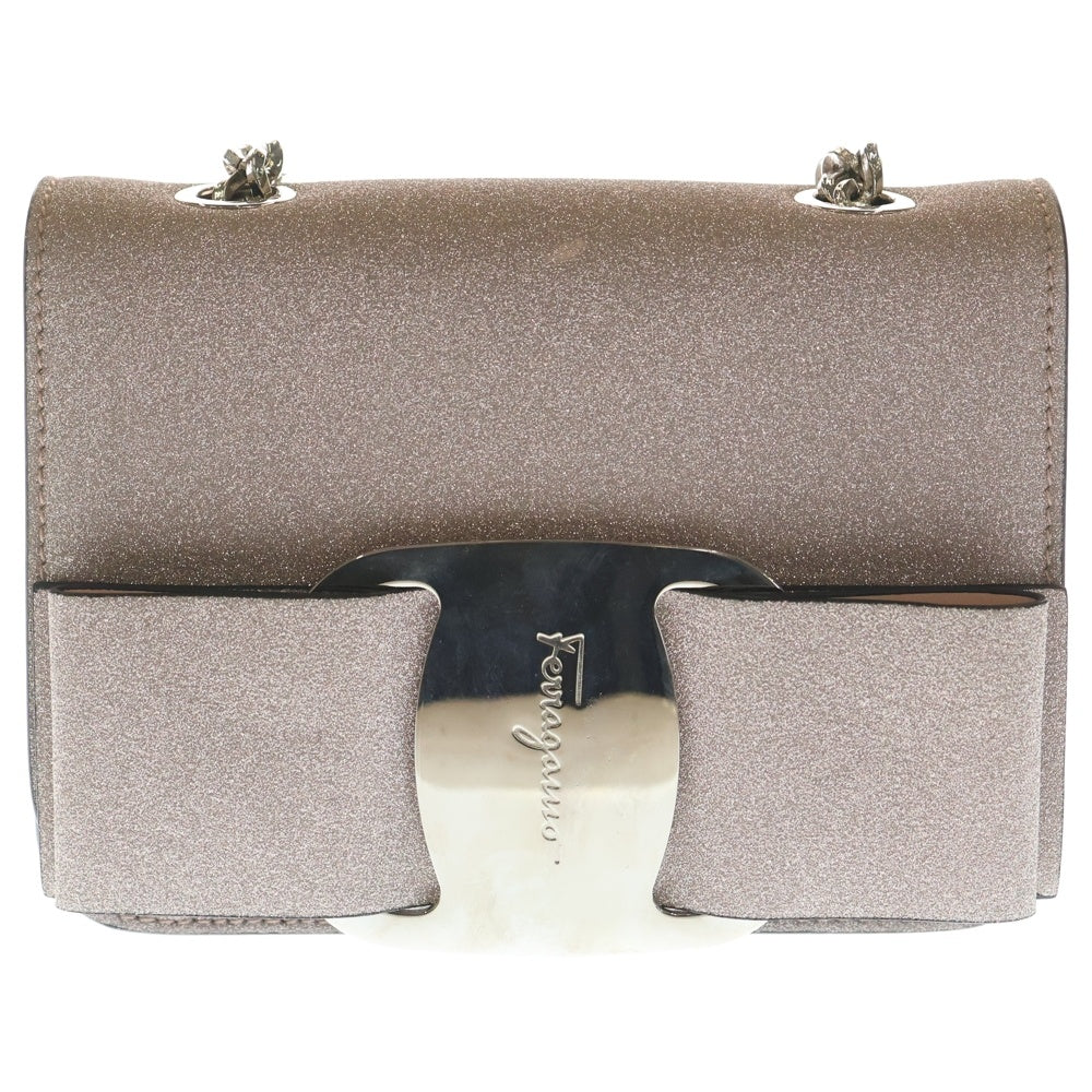 FERRAGAMO(フェラガモ) ヴァラ リボン ロゴプレート レザー ラメグリッター チェーン ショルダーバッグ シルバー金具 ピンク レディース