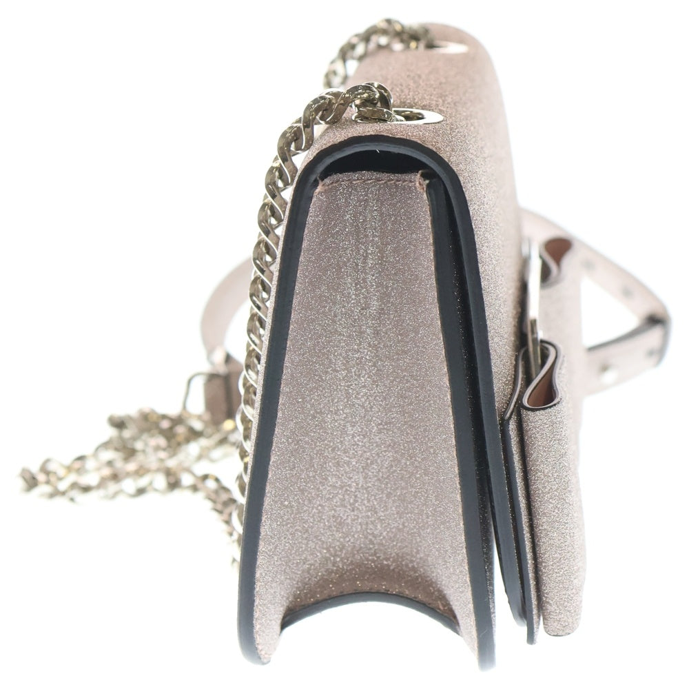 FERRAGAMO(フェラガモ) ヴァラ リボン ロゴプレート レザー ラメグリッター チェーン ショルダーバッグ シルバー金具 ピンク レディース