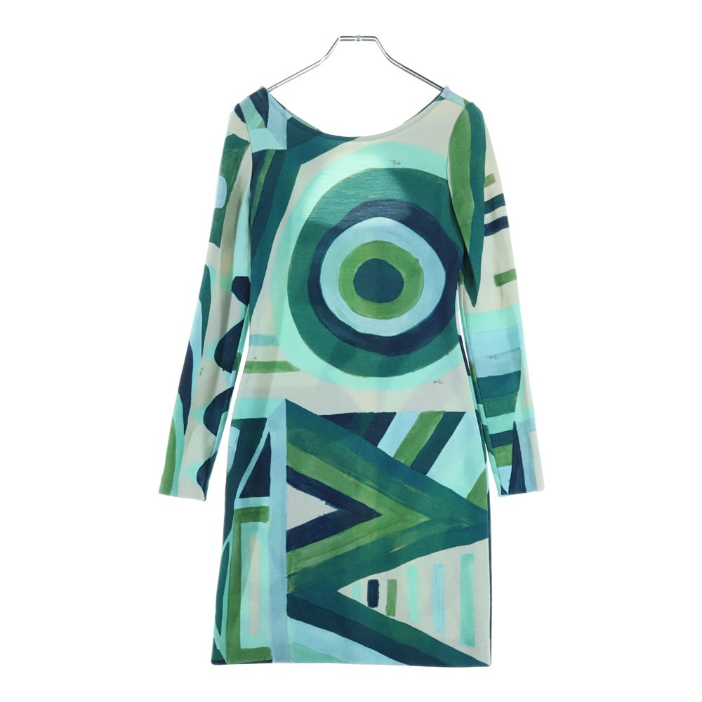 EMILIO PUCCI(エミリオプッチ) 総柄プリント ウール 長袖 ミディアム タイト ワンピース グリーン レディース 17RI70