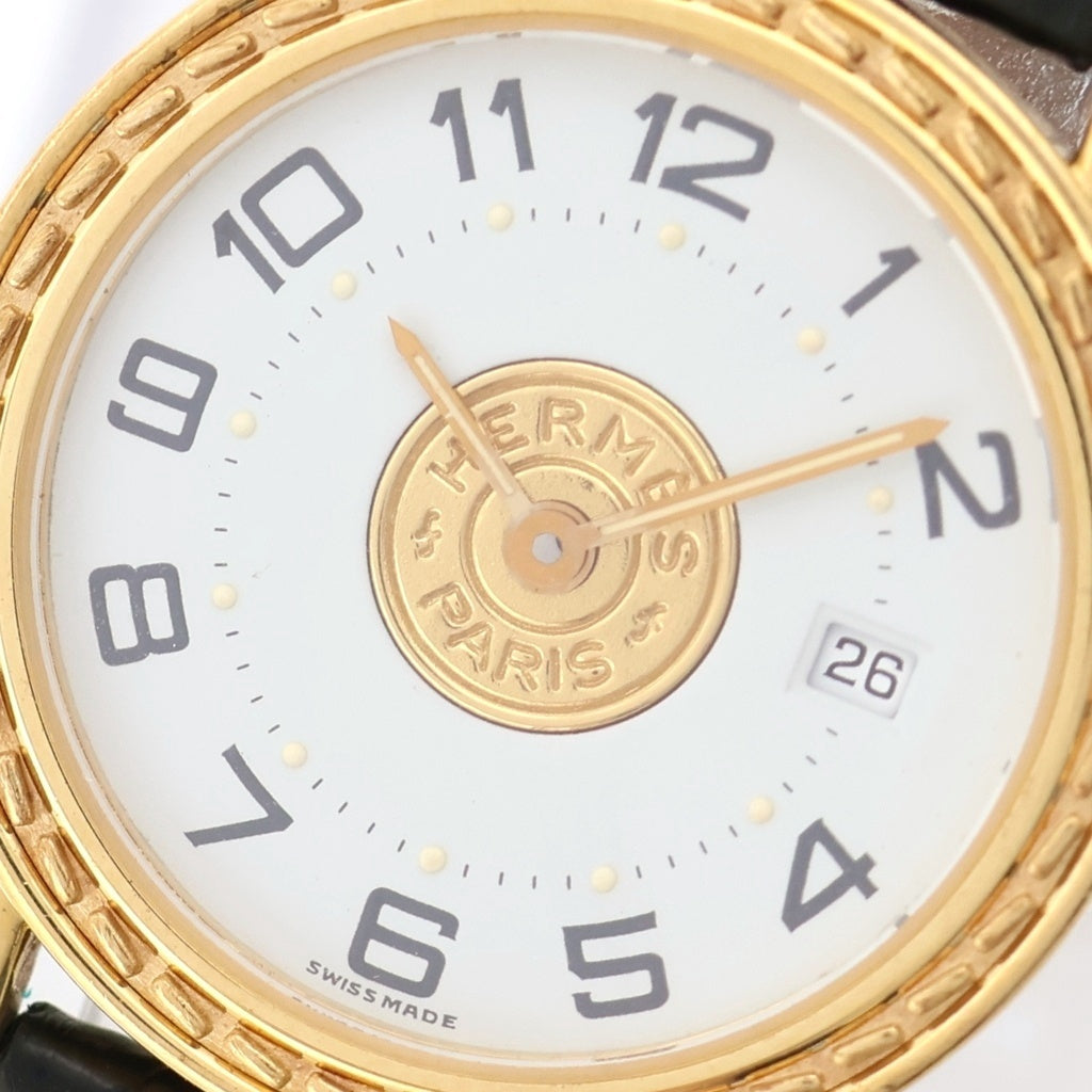 HERMES(エルメス) セリエ デイト アイボリー文字盤 SS×レザー/QZ イエローゴールド 〇S刻印 クォーツ 電池式 腕時計