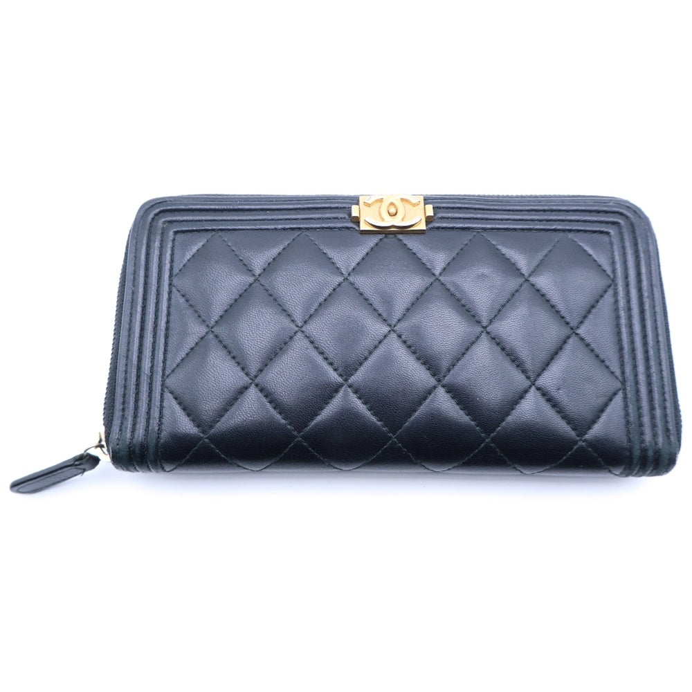 CHANEL(シャネル) ボーイシャネル ラウンドファスナー財布 ロングウォレット カードケース ブラック ラムスキン ゴールド金具 レディース