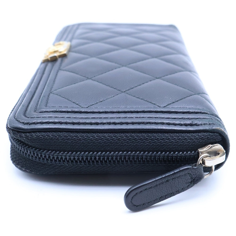 CHANEL(シャネル) ボーイシャネル ラウンドファスナー財布 ロングウォレット カードケース ブラック ラムスキン ゴールド金具 レディース