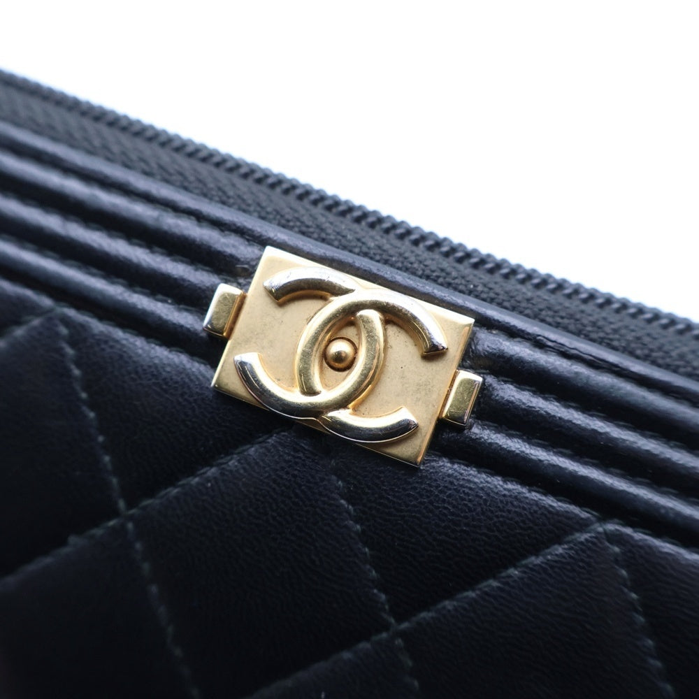 CHANEL(シャネル) ボーイシャネル ラウンドファスナー財布 ロングウォレット カードケース ブラック ラムスキン ゴールド金具 レディース