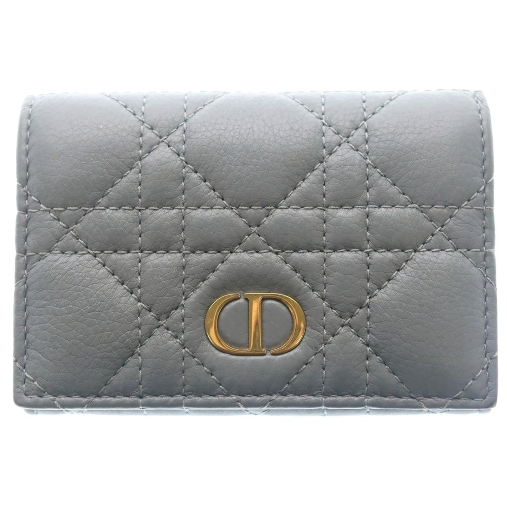 Christian Dior(クリスチャンディオール) 二つ折りコインケース カナージュ 名刺入れ 小物入れ ミニ財布 ウォレット ライトブルー レザー ゴールド金具 レディース