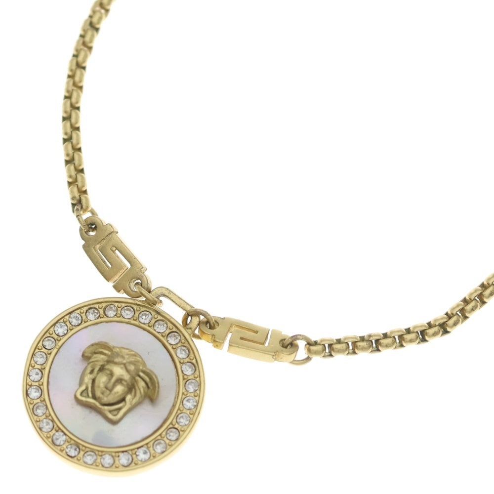 VERSACE(ヴェルサーチ) メデューサ ラインストーン サークルネックレス ペンダント チェーン ゴールド GP×ホワイトシェル