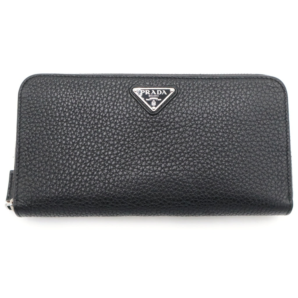PRADA(プラダ) トライアングルロゴプレート レザー ラウンドファスナー ロングウォレット 長財布 シルバー金具 ブラック 2ML317