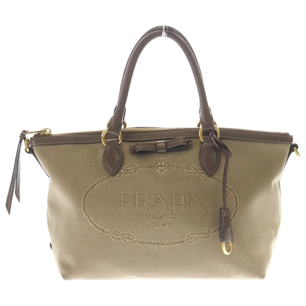 PRADA(プラダ) ロゴジャガード キャンバス レザー ハンド バッグ ベージュ 1BA579 レディース
