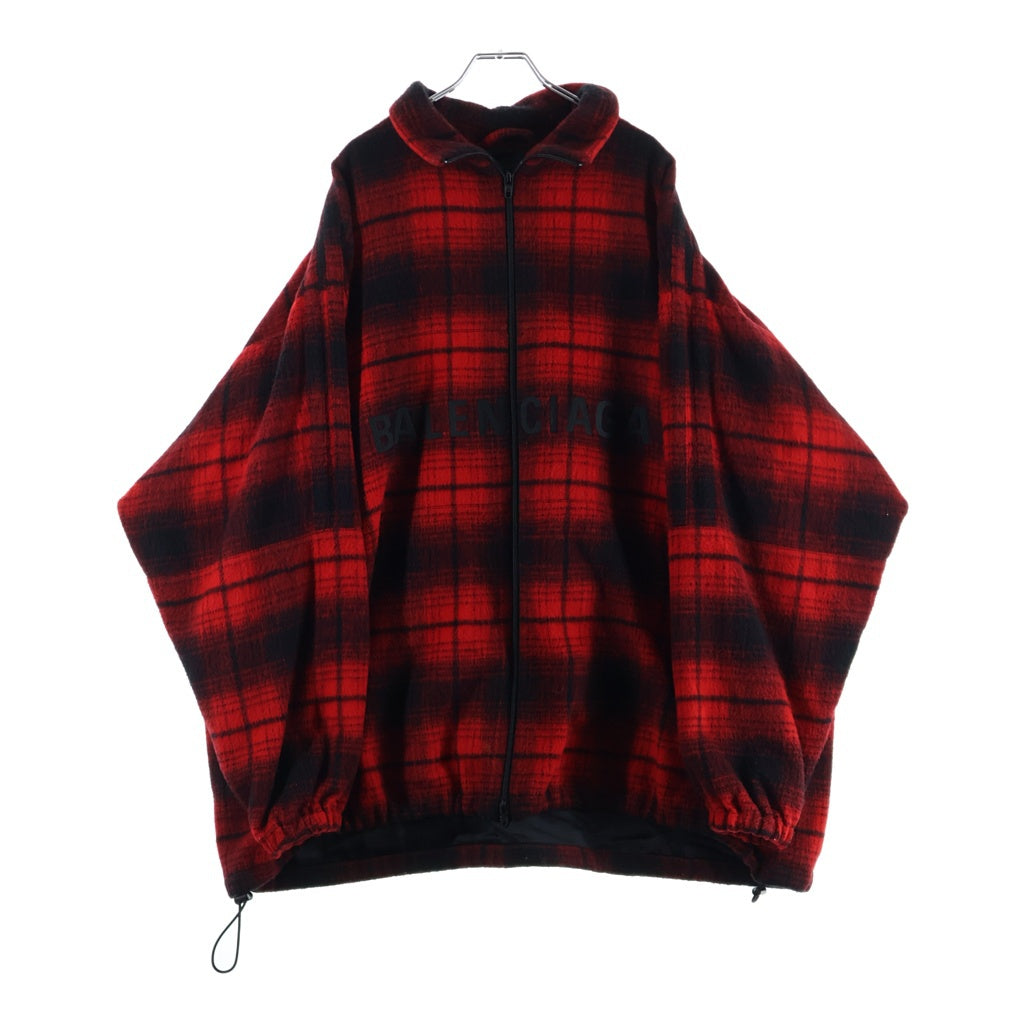 BALENCIAGA バレンシアガ ロゴ刺繍 チェック総柄 ウール ジップアップ フリース ジャケット レッド 571439 BALENCIAGA(バレンシアガ) ロゴ刺繍 チェック総柄 ウール ジップアップ