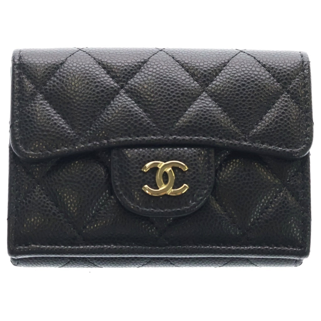 CHANEL(シャネル) マトラッセ キャビアスキン コンパクトウォレット 三つ折り財布 コインケース ブラック キャビアスキン ゴールド金具 レディース