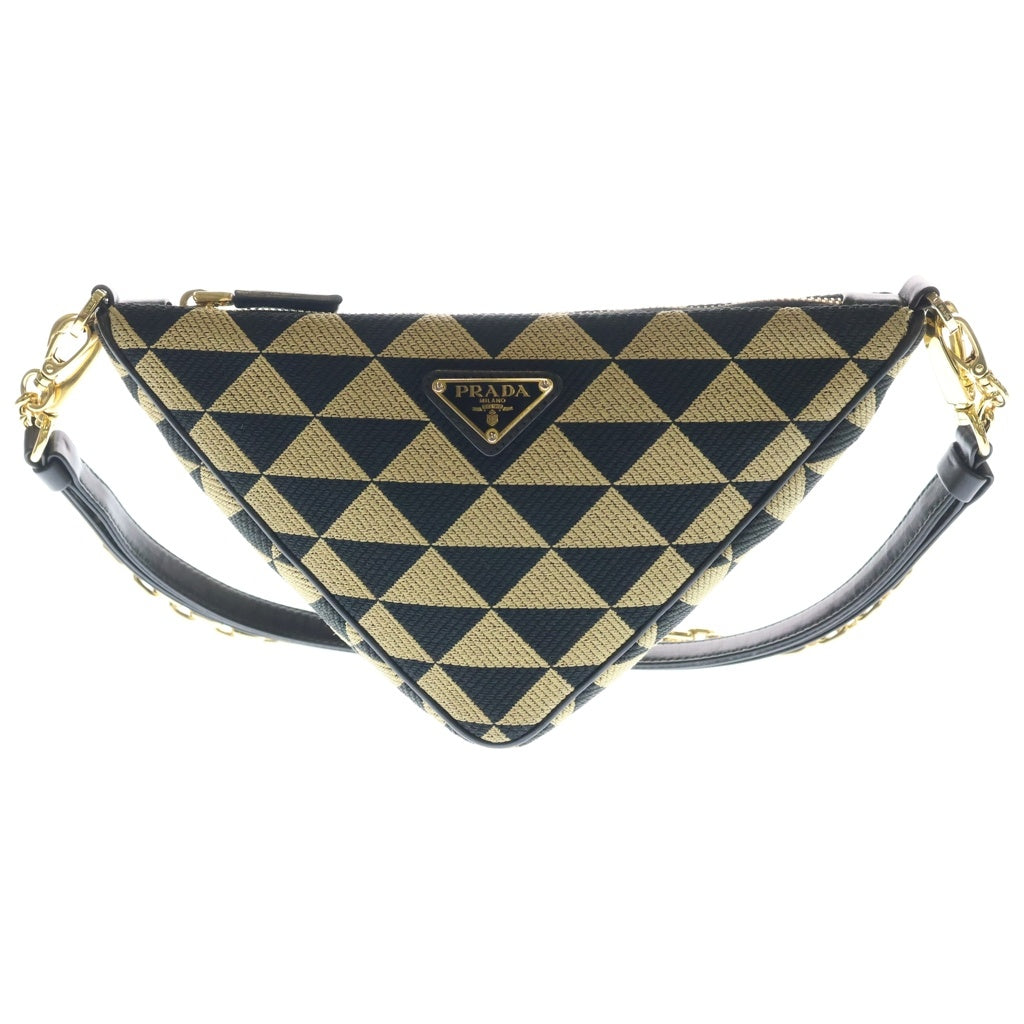 PRADA(プラダ) トライアングル ロゴプレート キャンバス レザー 2WAY ハンド チェーン ワンショルダー バッグ ゴールド金具 ブラック/ベージュ 1BC176 レディース