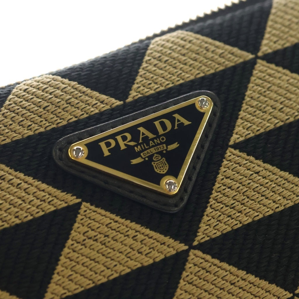 PRADA(プラダ) トライアングル ロゴプレート キャンバス レザー 2WAY ハンド チェーン ワンショルダー バッグ ゴールド金具 ブラック/ベージュ 1BC176 レディース