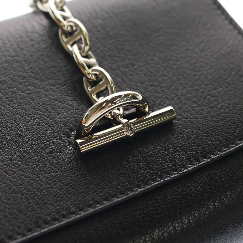 HERMES(エルメス) シェーヌダンクル コンパクト ウォレット 二つ折り財布 ショルダーバッグ ブラック シェブルミゾル B刻印 シルバー金具 レディース