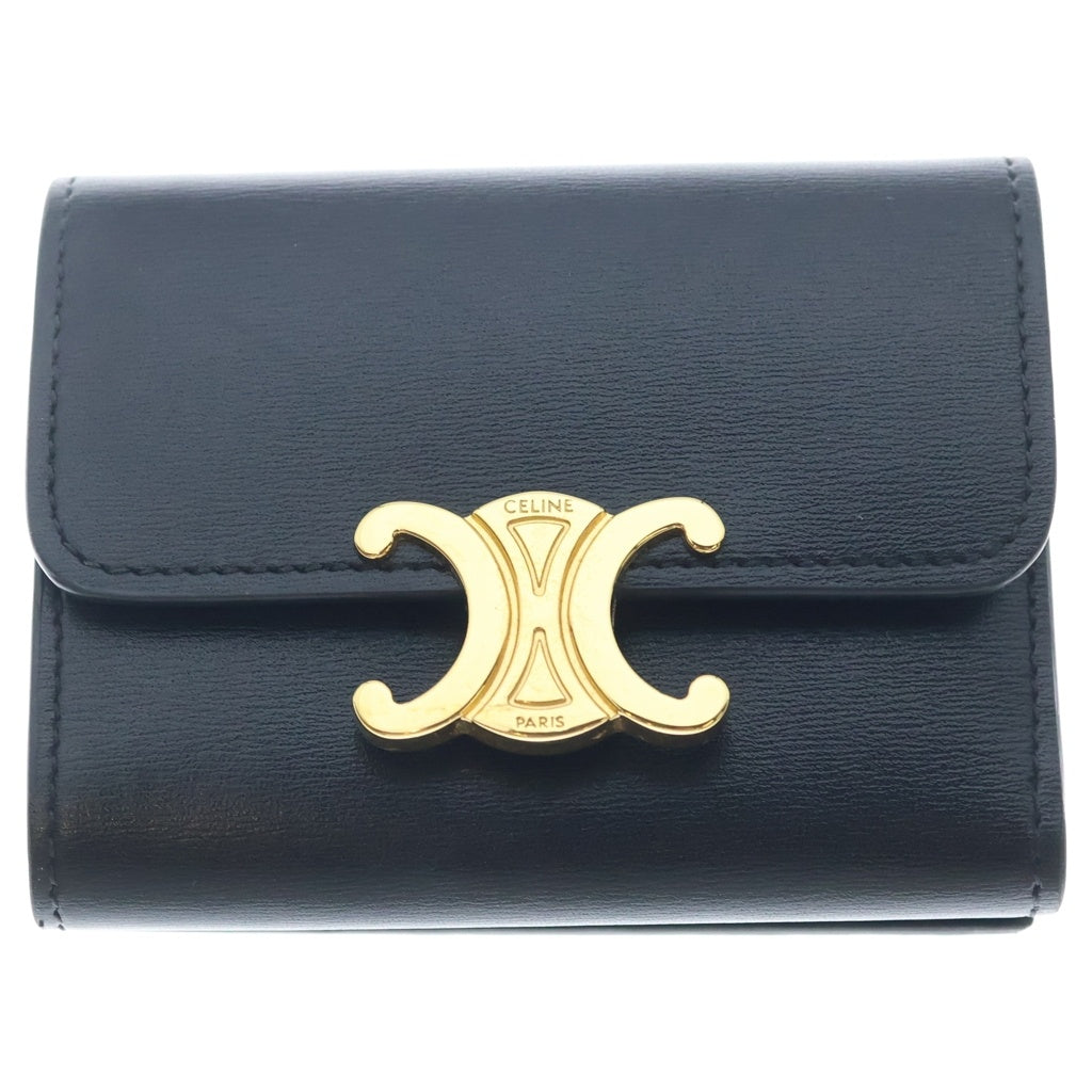 CELINE(セリーヌ) トリオンフ シャイニーカーフスキン ゴールド金具 三つ折り財布 コンパクトウォレット ブラック 10I653DPV.38NO レディース