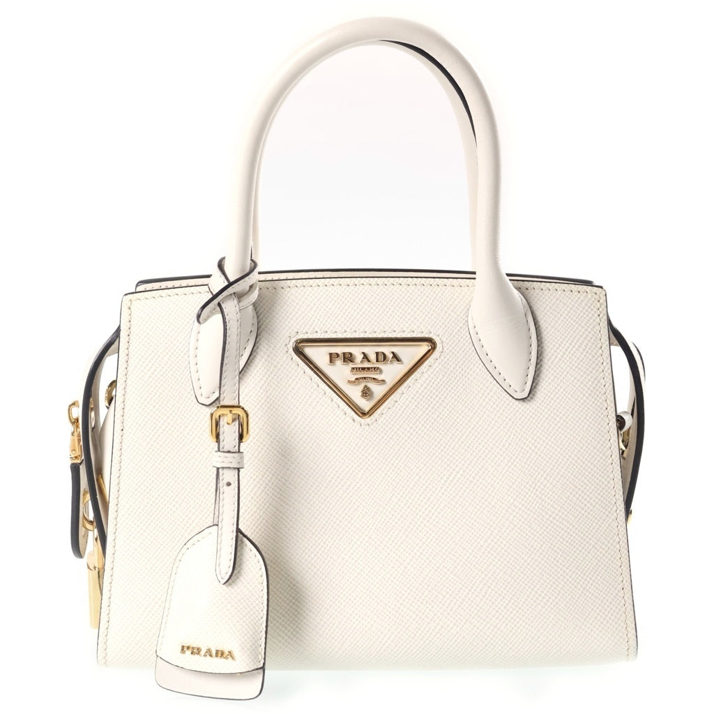 PRADA(プラダ) モノクローム トライアングルロゴ サフィアーノレザー 2WAY ハンド ショルダーバッグ ゴールド金具 ホワイト 1BA269 レディース
