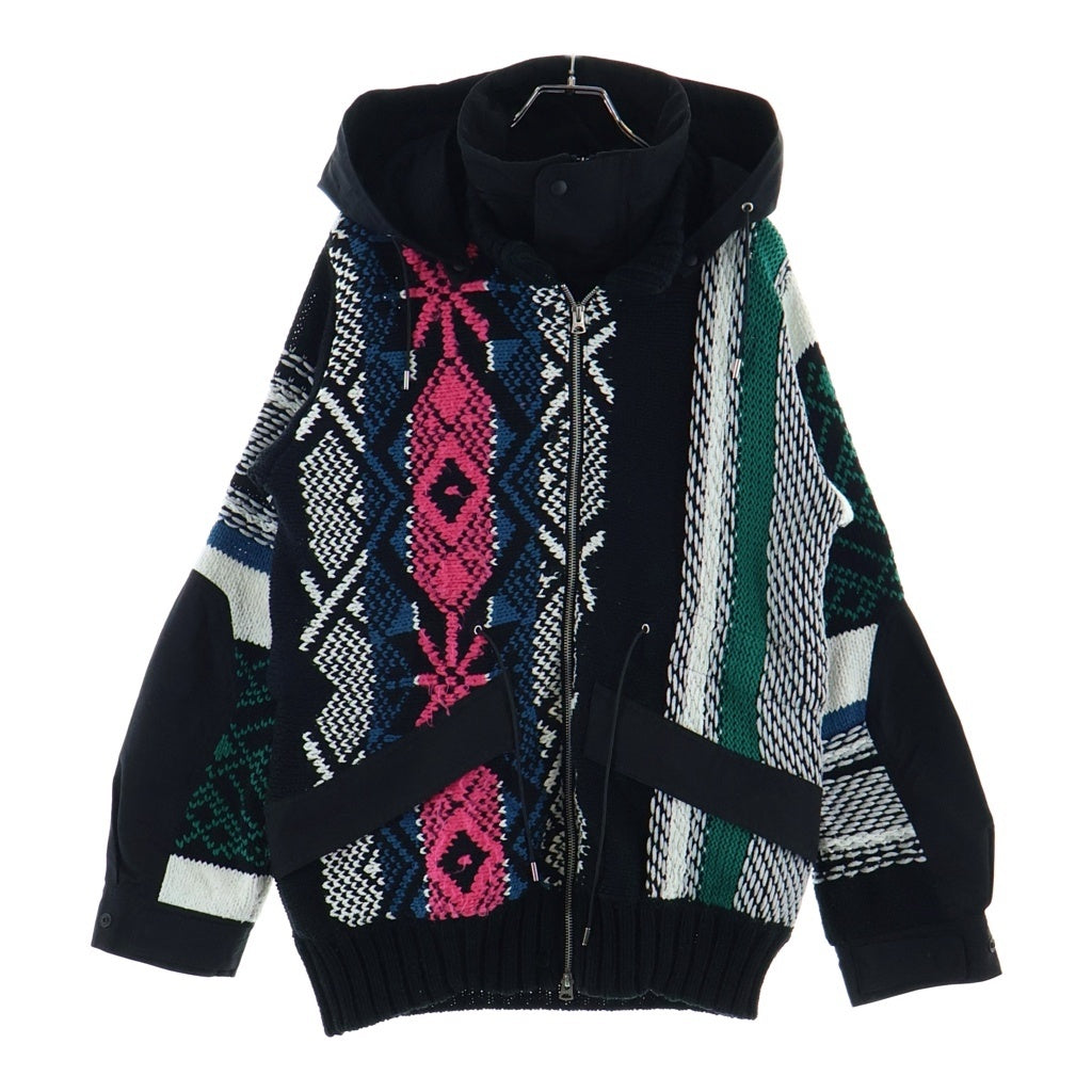 Sacai(サカイ) 22SS ジャガードニット切り替え フーデッド ジップアップジャケット ブルゾン ブラック/マルチ 22-02748M レディース