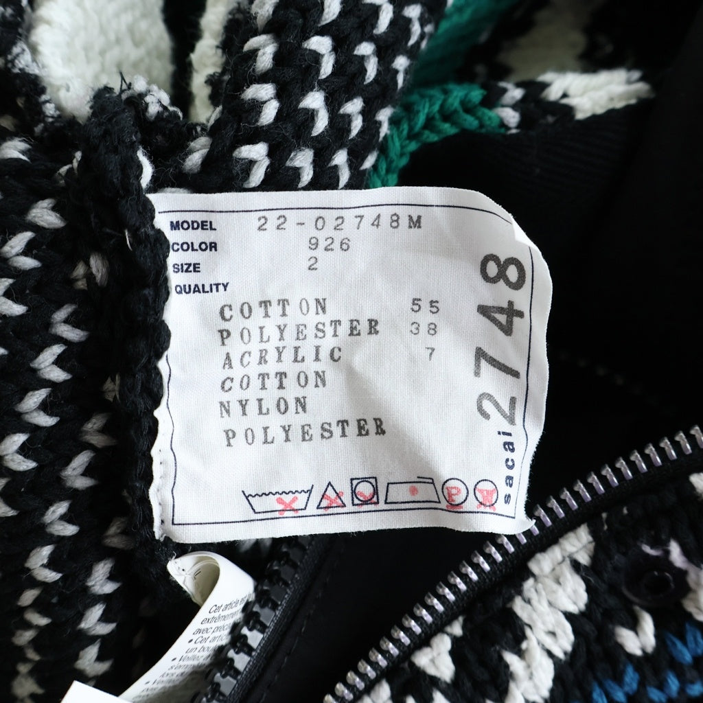 Sacai(サカイ) 22SS ジャガードニット切り替え フーデッド ジップアップジャケット ブルゾン ブラック/マルチ 22-02748M レディース