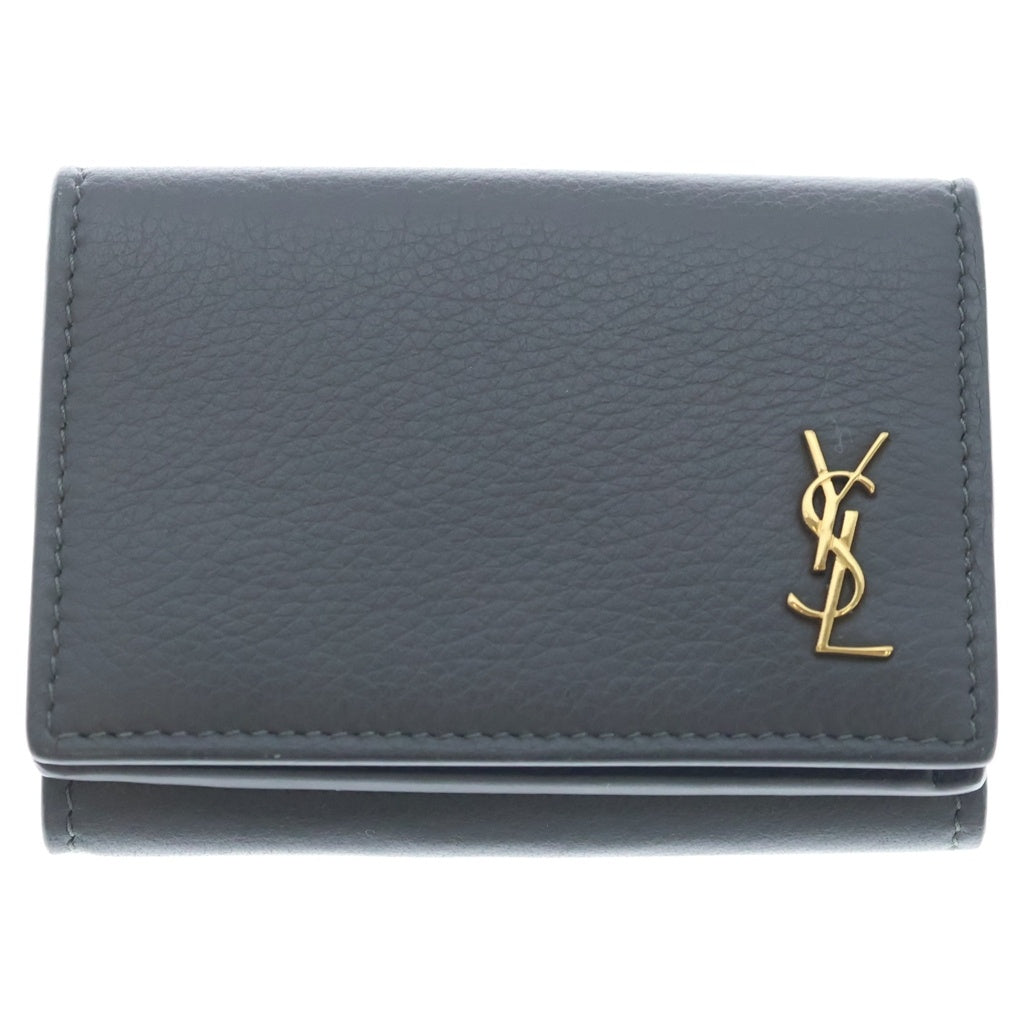SAINT LAURENT PARIS(サンローランパリ) 三つ折り財布 コンパクトウォレット コインケース グレー レザー 637420 ゴールド金具 レディース