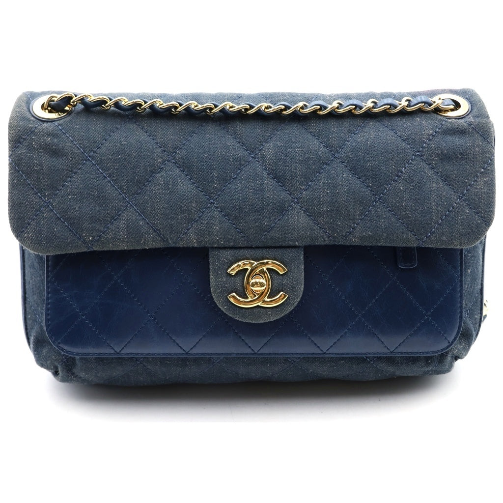 CHANEL(シャネル) マトラッセ デニム チェーンショルダーバッグ インディゴブルー レザー×デニム 23番台 ゴールド金具 レディース