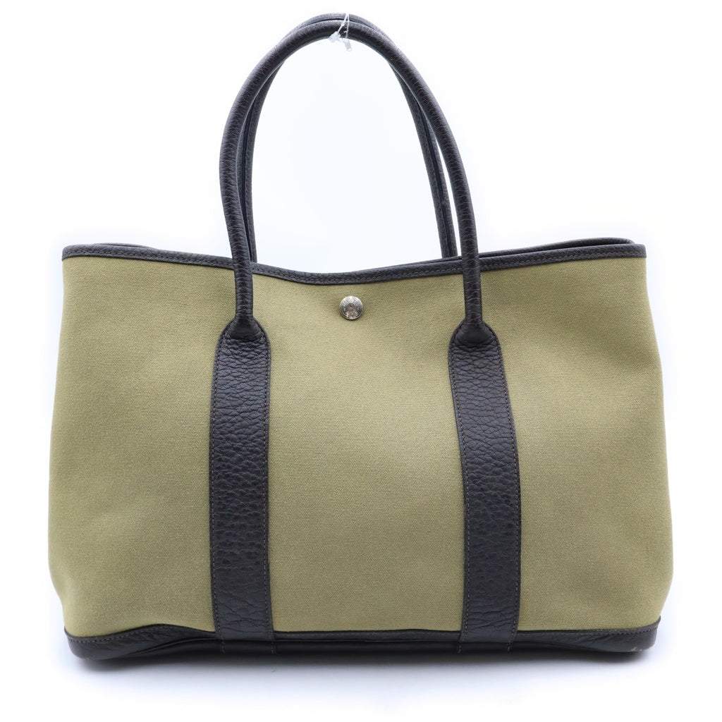 HERMES(エルメス) ガーデンパーティPM トートバッグ ハンドバッグ カーキ×ブラウン レザー×トワルアッシュ T刻印 シルバー金具 レディース