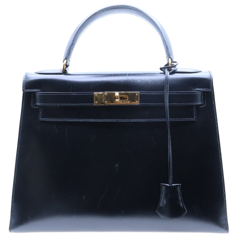 HERMES(エルメス) ケリー28 ブラック ボックスカーフ ゴールド金具 外縫い 〇R刻印 ハンドバッグ