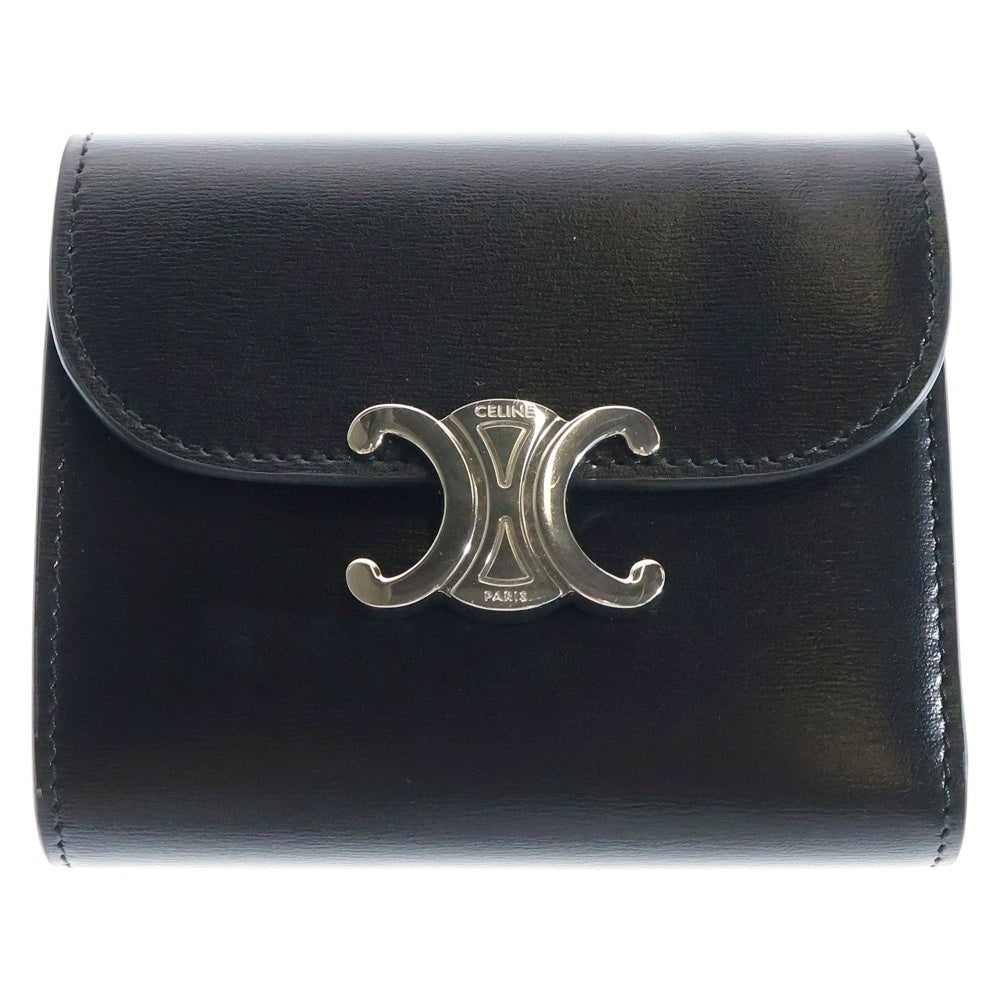 CELINE(セリーヌ) トリオンフ スモール フラップウォレット 三つ折り財布 コンパクトウォレット ブラック シルバー金具 シャイニーカーフスキン 10D783DPV.38SI