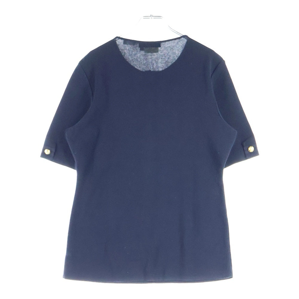 FERRAGAMO(フェラガモ) ゴールドボタン クルーネック ハーフスリーブ 五分袖 コットンニット ポロシャツ ネイビー