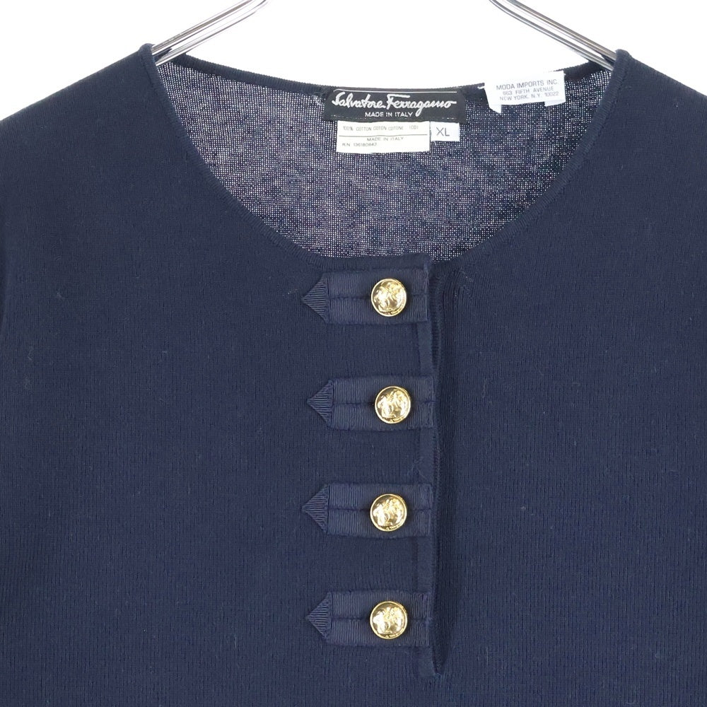 FERRAGAMO(フェラガモ) ゴールドボタン クルーネック ハーフスリーブ 五分袖 コットンニット ポロシャツ ネイビー