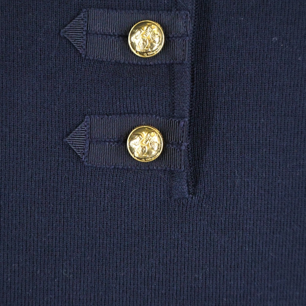 FERRAGAMO(フェラガモ) ゴールドボタン クルーネック ハーフスリーブ 五分袖 コットンニット ポロシャツ ネイビー