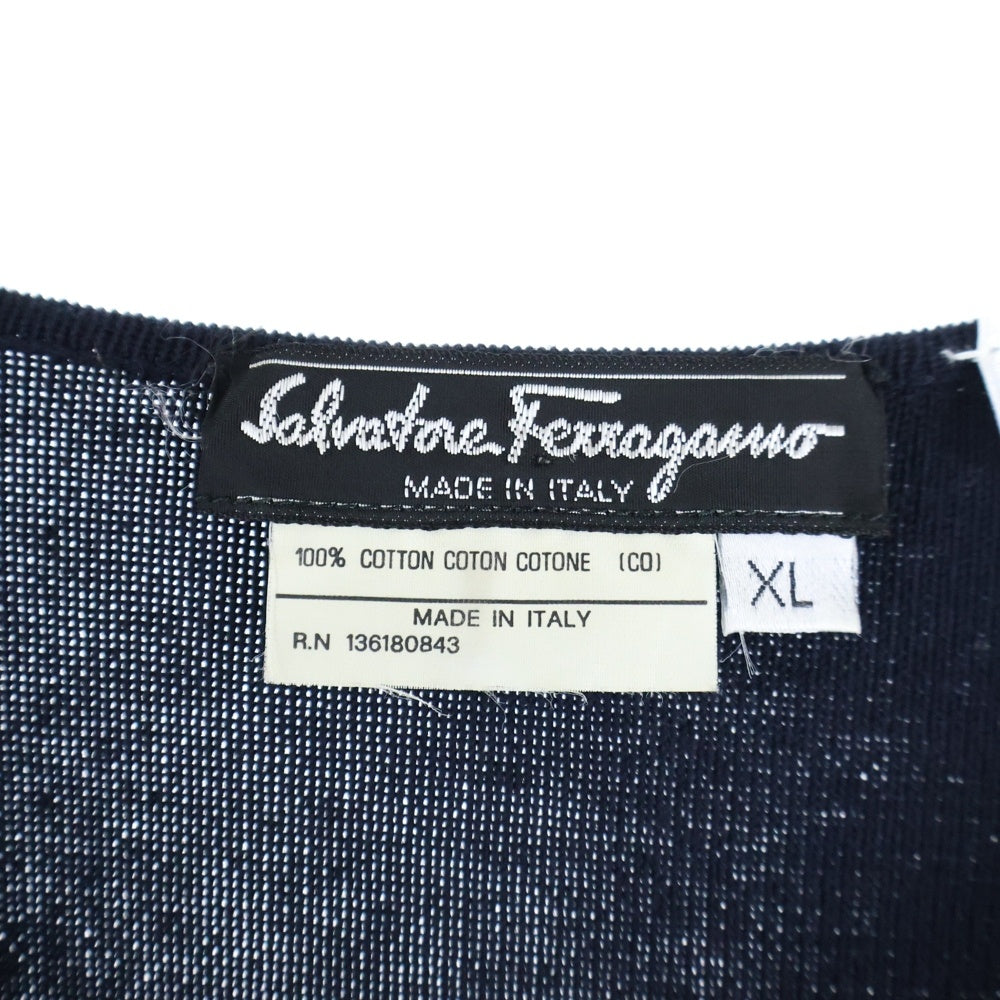 FERRAGAMO(フェラガモ) ゴールドボタン クルーネック ハーフスリーブ 五分袖 コットンニット ポロシャツ ネイビー