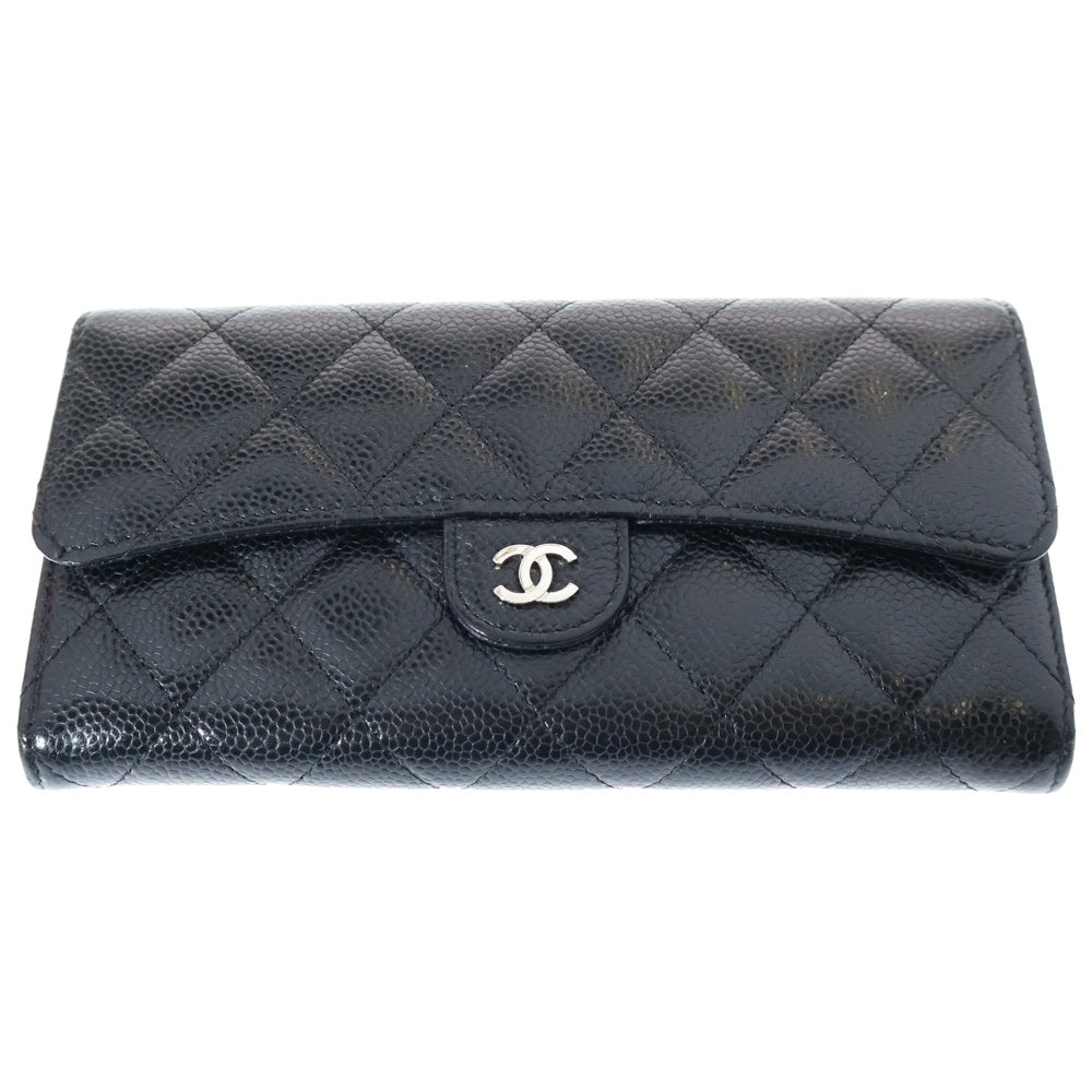 CHANEL(シャネル) ココマーク マトラッセ クラシック キャビアスキン レザーロングフラップウォレット 長財布 ブラック レディース