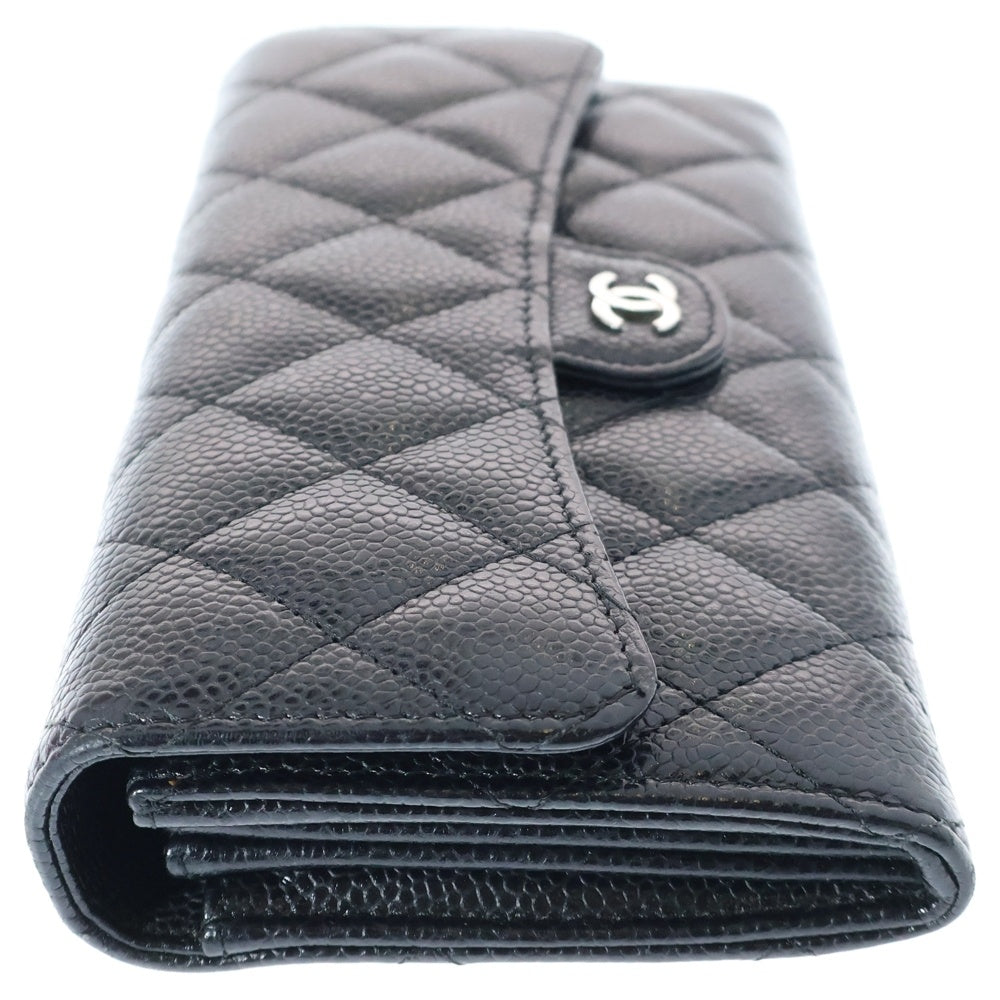 CHANEL(シャネル) ココマーク マトラッセ クラシック キャビアスキン レザーロングフラップウォレット 長財布 ブラック レディース
