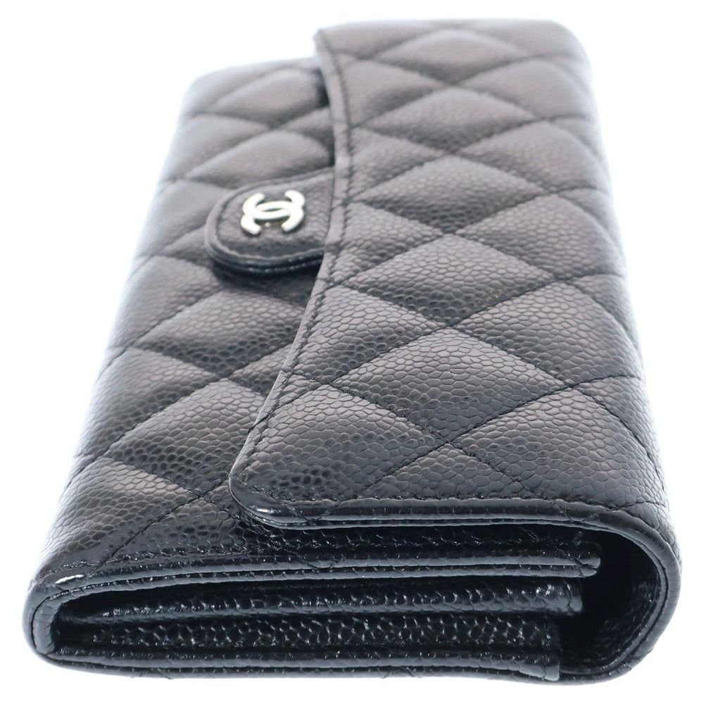 CHANEL(シャネル) ココマーク マトラッセ クラシック キャビアスキン レザーロングフラップウォレット 長財布 ブラック レディース