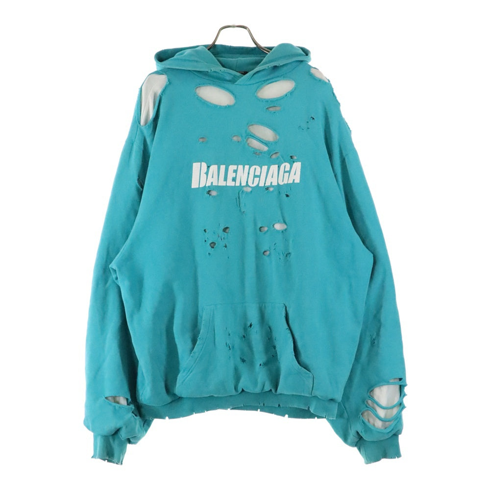 BALENCIAGA(バレンシアガ) 21SS Caps Destroyed Hoodie デストロイ ダメージ加工 ロゴプリント プルオーバースウェットパーカー フーディー ライトグリーン 659403
