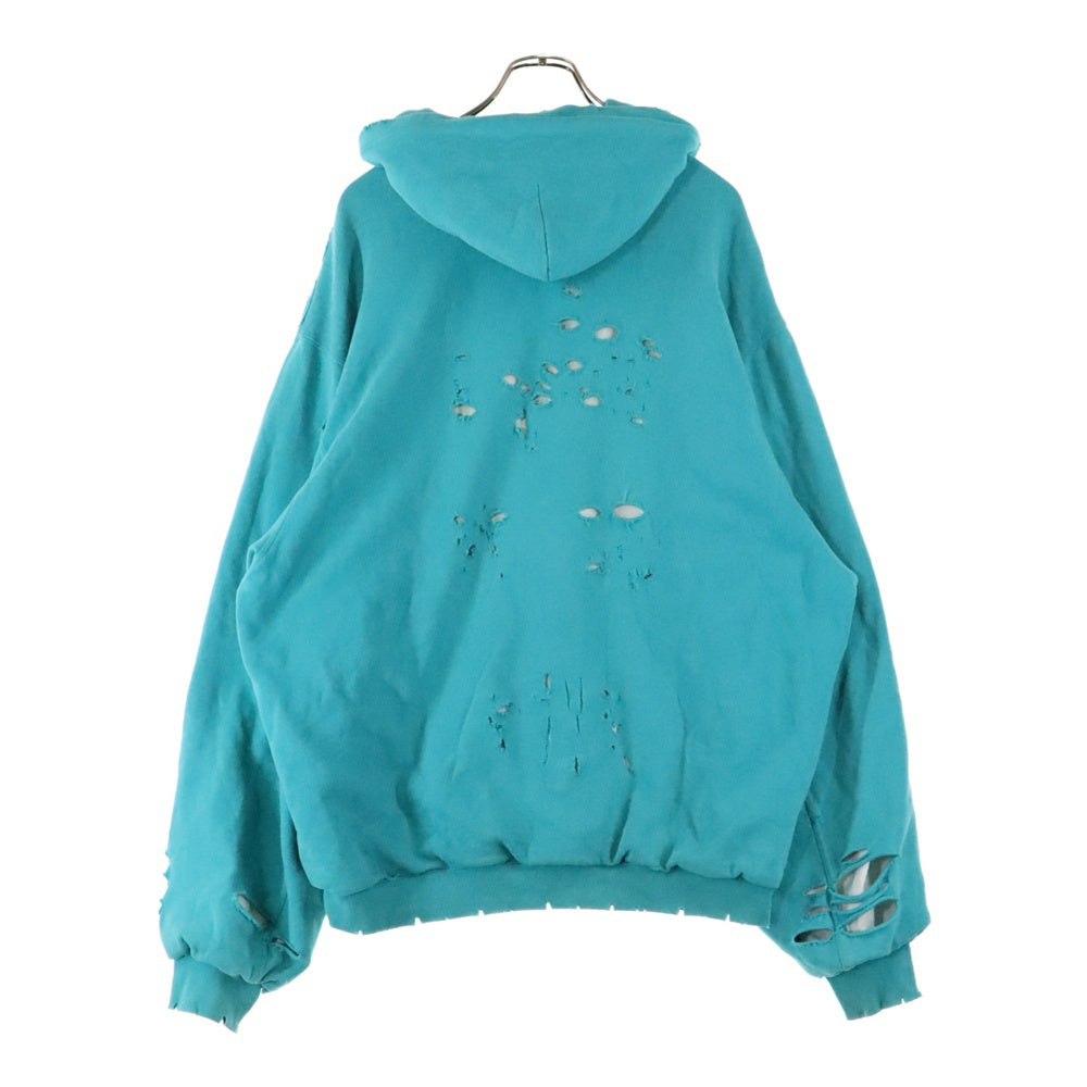 BALENCIAGA(バレンシアガ) 21SS Caps Destroyed Hoodie デストロイ ダメージ加工 ロゴプリント プルオーバースウェットパーカー フーディー ライトグリーン 659403